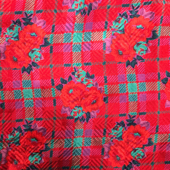Vintage 80s Halston III Silk Floral Plaid Dress Red Pink Teal Belted Midi Size 4 - Picture 14 of 16